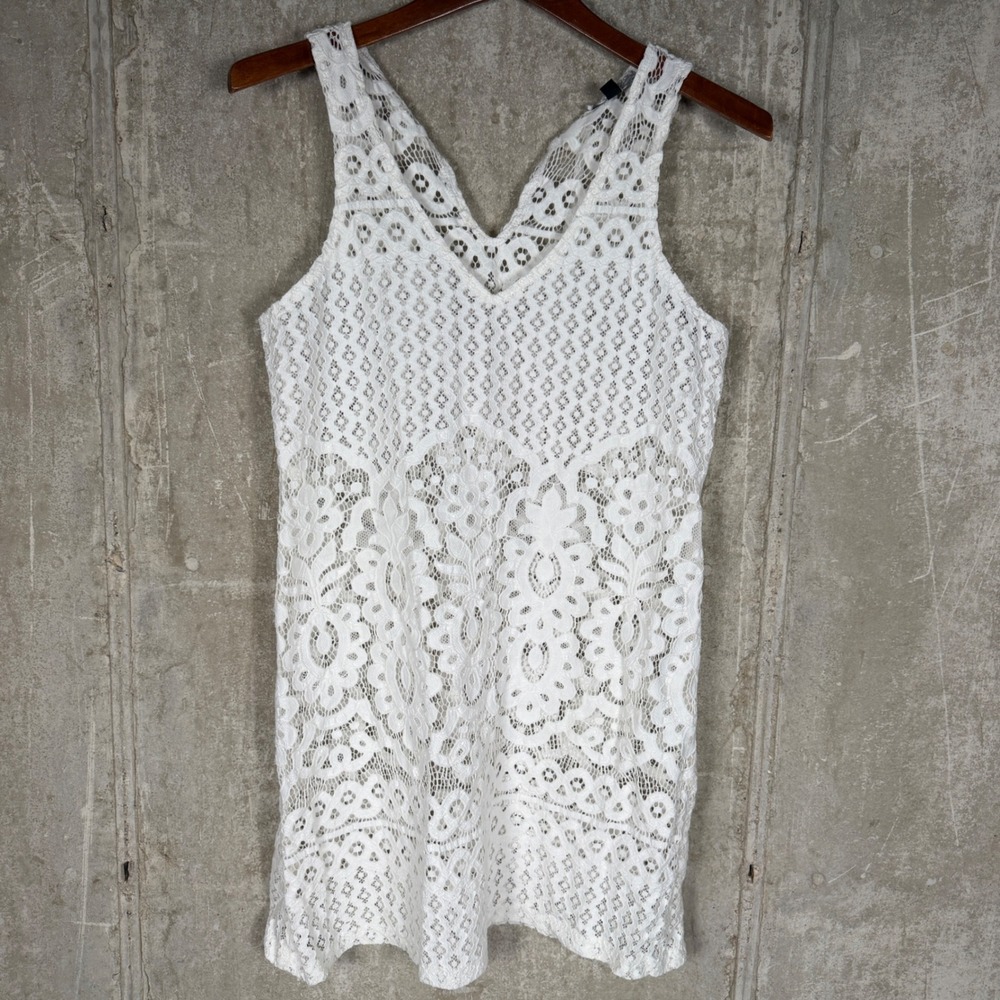 J Valdi White Floral Lace V-Neck Sleeveless Tank Top with Back Tie Medium
